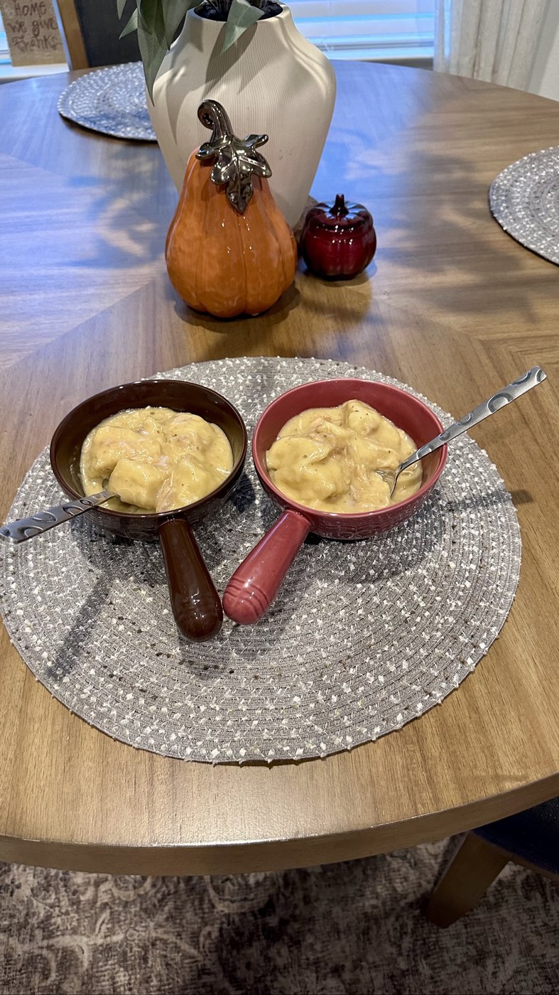 Chicken and dumplings, plated